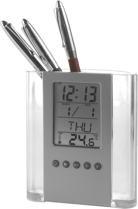 Pen holder with clock